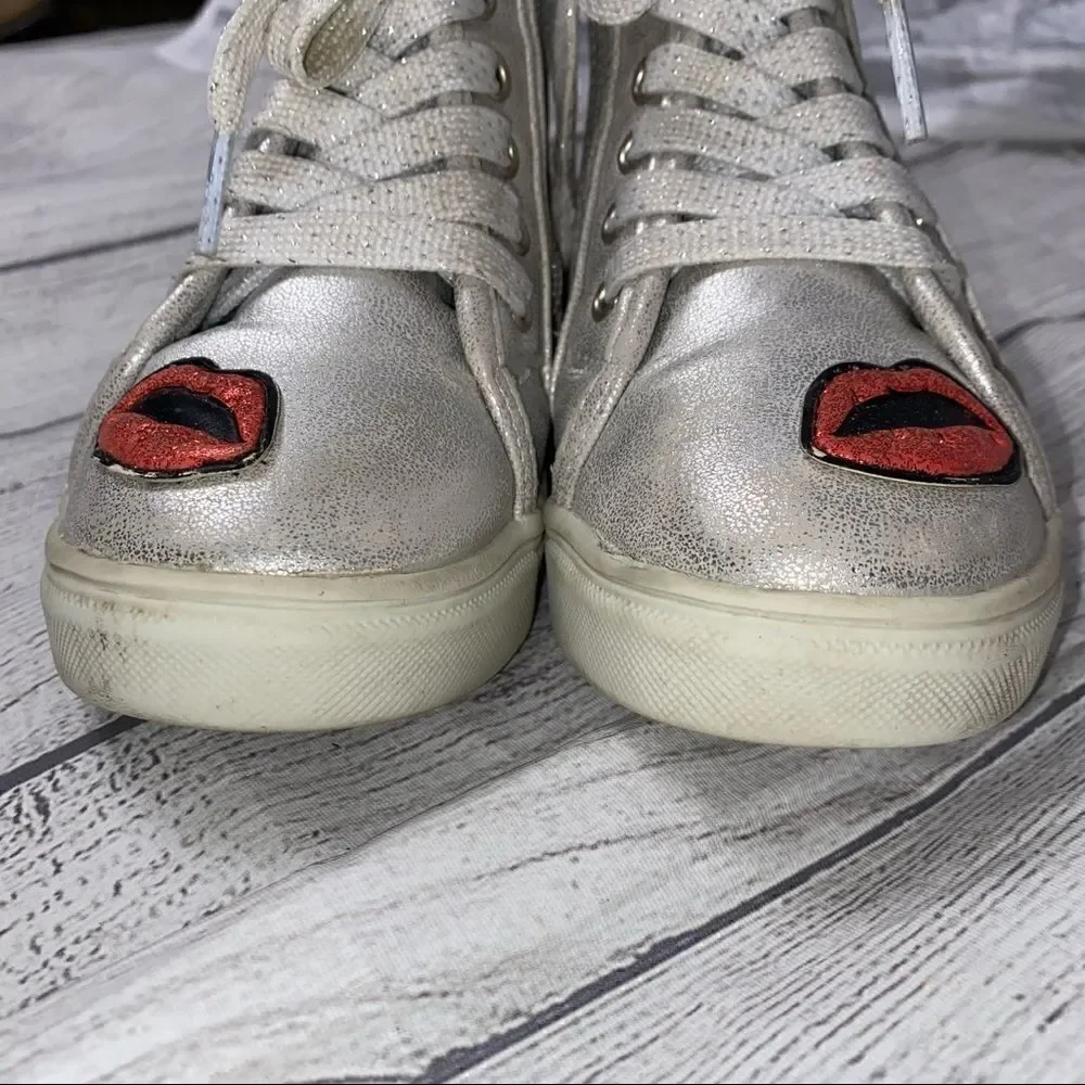 Justice high top sneakers with side zipper and tie up laces silver girls sz 13